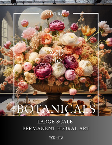 This product is a large scale, made to order, real to the touch, floral arrangement. It is made with luxury permanent botanicals, for a beautiful faux floral arrangement that looks and feels incredibly realistic. The blooms are arranged by hand and will maintain their colour, texture, and beauty for years. This flower art product is perfect for hotel lobbies, restaurants, art galleries and any large space ready to feature a stunning, one-of-a-kind, ultra-large, decadent flower arrangement.