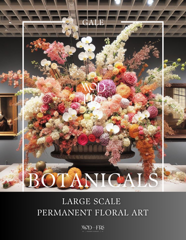 This product is a large scale, made to order, real to the touch, floral arrangement. It is made with luxury permanent botanicals, for a beautiful faux floral arrangement that looks and feels incredibly realistic. The blooms are arranged by hand and will maintain their colour, texture, and beauty for years. This flower art product is perfect for hotel lobbies, restaurants, art galleries and any large space ready to feature a stunning, one-of-a-kind, ultra-large, decadent flower arrangement.
